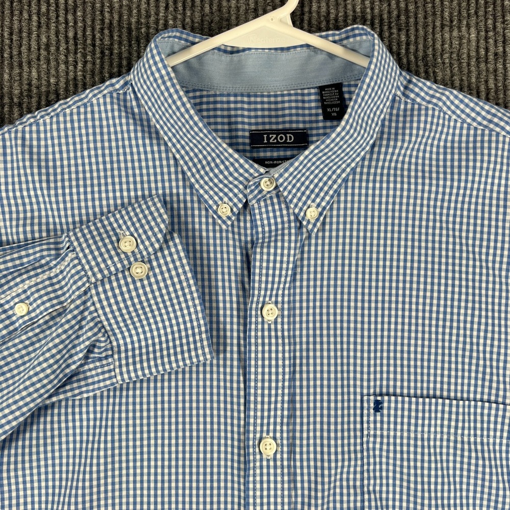 IZOD Shirt Mens XL Extra Large Blue Gingham Check Long Sleeve Button Down
